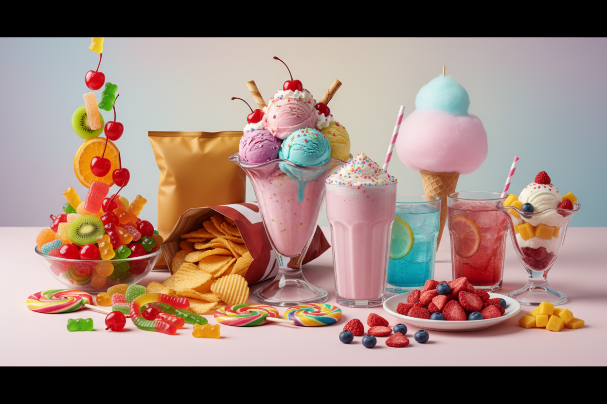 generate a banner without text that comprise of all the products in the store give real images of the products, like candied fruit, candy, chips, cotton candy, drinks, freeze dried treats, sundae, milkshakes. I want real image from the product image