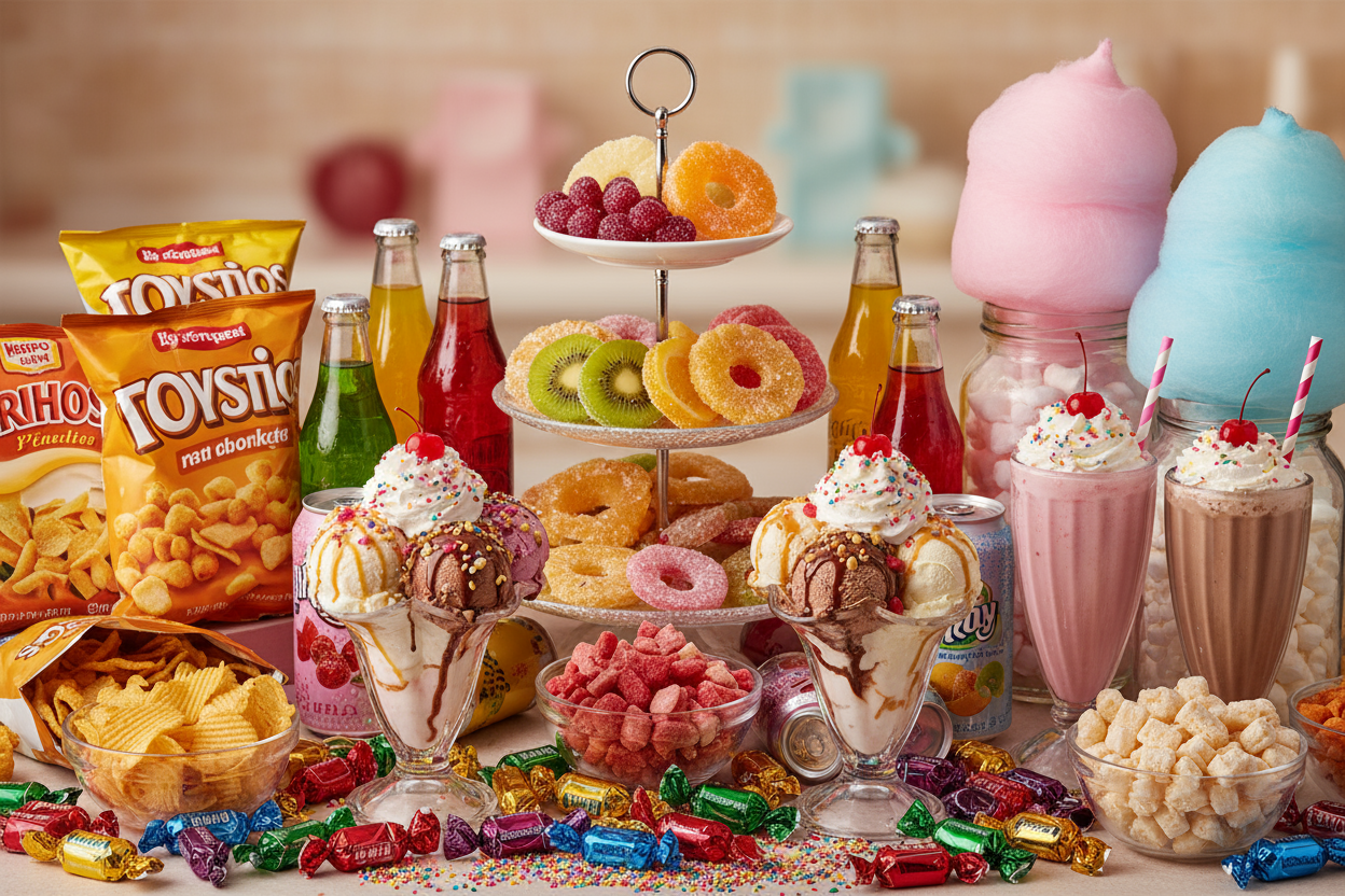 generate a banner without text that comprise of all the products in the store give real images of the products, like candied fruit, candy, chips, cotton candy, drinks, freeze dried treats, sundae, milkshakes. I want real image from the product image